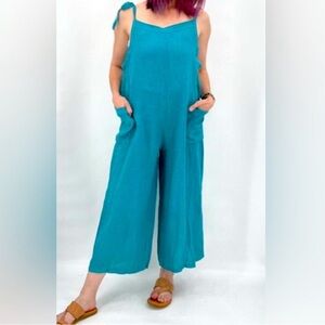 Meo Meli Italia Jumpsuit Teal Linen Lagenlook Playsuit Wide Leg Bright turquoise